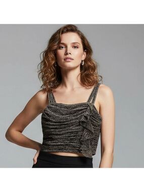 ZARA Gold lurex Metallic Sleeveless Short Crop Top Ruffle Front Sz S GothicGlam